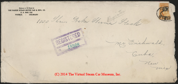Baker Steam Motor Car and Manufacturing Company, April 20, 1922, 1000 Shares Stock Certificate A. Eichwald Envelope Front